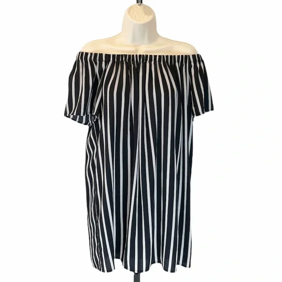 French Connection Vertical Stripe Off the Shoulder Tunic Top and/or Mini Dress - Picture 4 of 8